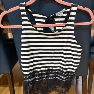 NWT Charlotte Russe black and white striped cropped tank top with lace hem sz s